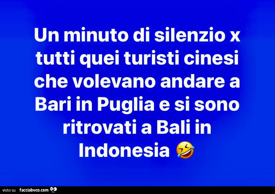 Un minuto di silenzio x tutti quei turisti cinesi che volevano andare a bari in puglia e si sono ritrovati a bali in indonesia