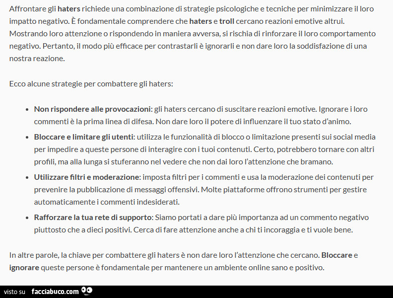 Affrontare gli haters richiede una combinazione di strategie psicologiche e tecniche per minimizzare il loro impatto negativo
