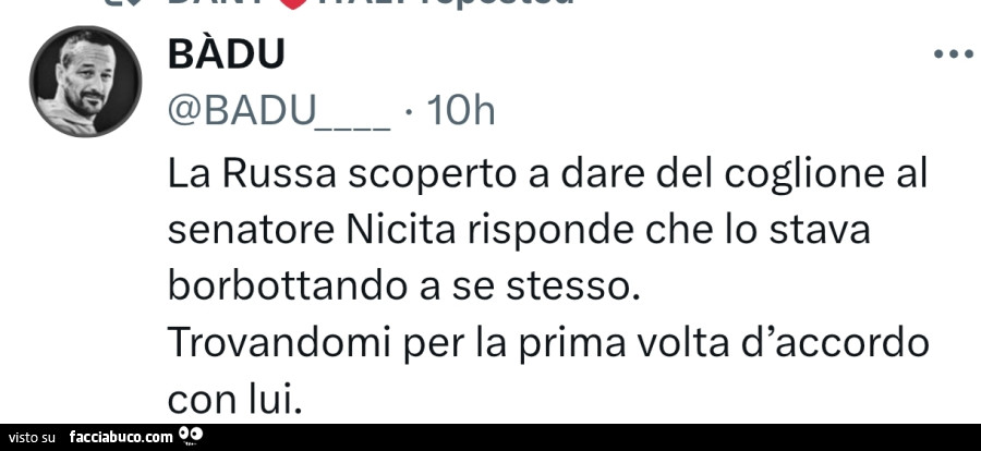 La Russa scoperto a dare del coglione al senatore Nicita risponde che lo stava borbottando a se stesso. Trovandomi per la prima volta d'accordo con lui