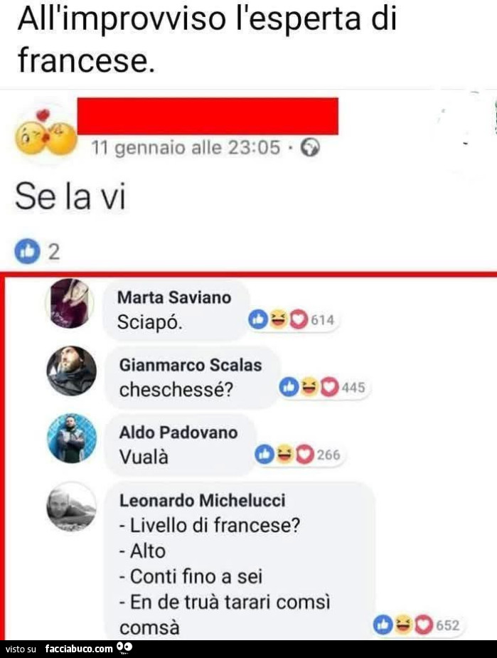 All'improvviso l'esperta di francese. Se la vi. Sciapรฒ. Cheschessรฉ? Vualร