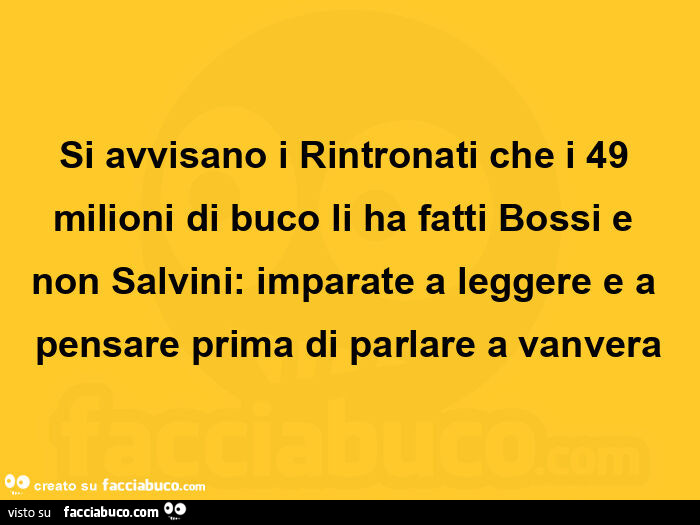 Si avvisano i rintronati che i 49 milioni di buco li ha fatti bossi e non salvini: imparate a leggere e a pensare prima di parlare a vanvera