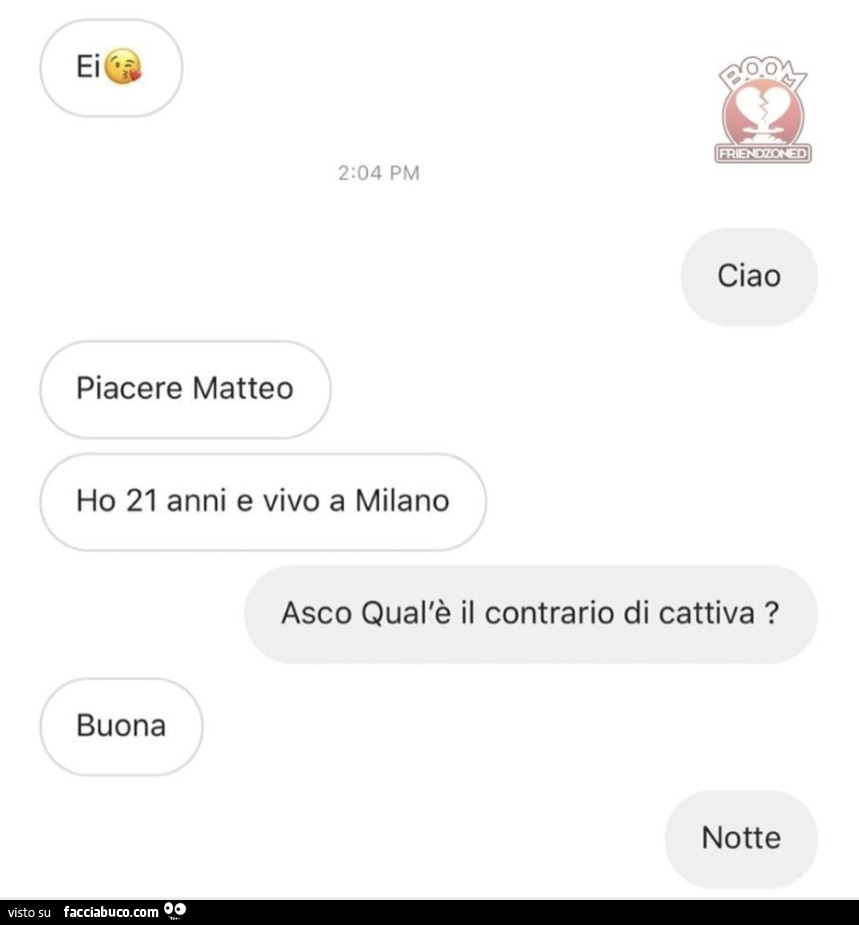 Ei. Ciao. Piacere matteo ho 21 anni e vivo a milano. Asco qual'รจ il contrario di cattiva? Buona. Notte