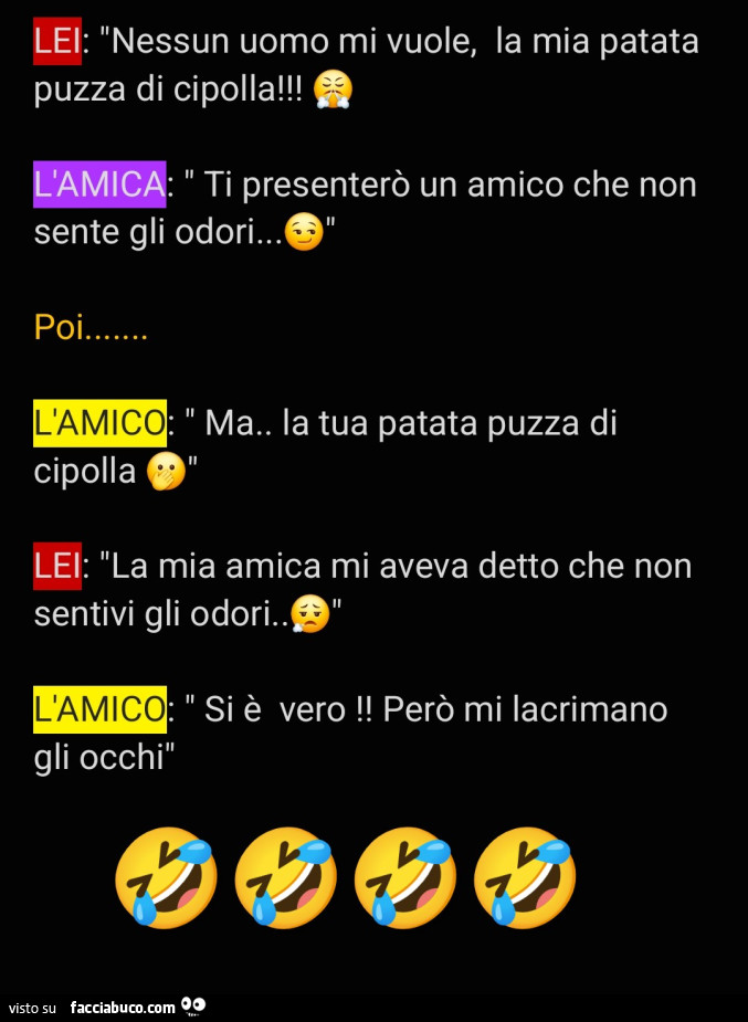 Lei: nessun uomo mi vuole, la mia patata puzza di cipolla! Ti presenterรฒ un amico che non sente gli odori