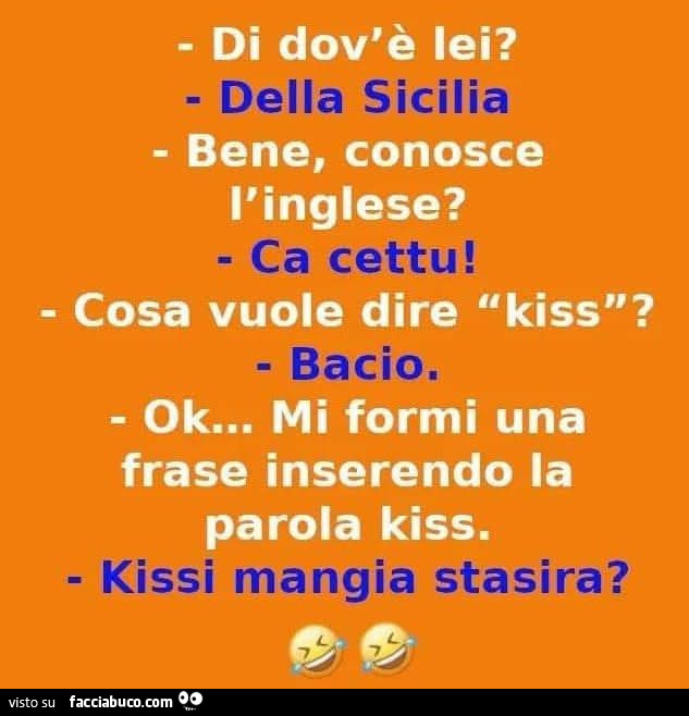 Di dov'è lei? Della sicilia. Bene, conosce l'inglese? Ca cettu! Cosa vuole dire kiss? Bacio. Ok… mi formi una frase inserendo la parola kiss. Kissi mangia stasira?