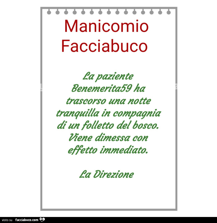 Manicomio facciabuco la paziente benemerita59 ha trascorso una notte tranquilla in compagnia di un folletto del bosco. Viene dimessa con effetto immediato