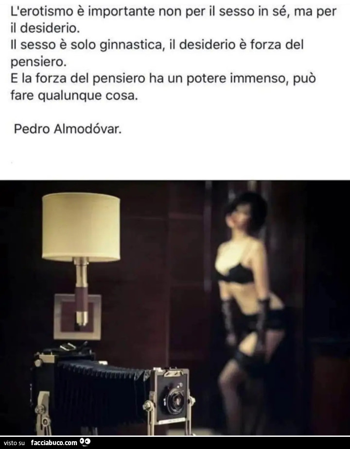 L'erotismo è importante non per il sesso in sé ma per il desiderio il sesso è solo ginnastica il desiderio è forza del pensiero e la forza del pensiero ha un potere immenso può fare qualunque cosa pedro almodovar