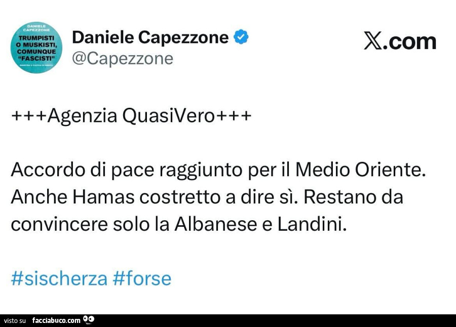 Accordo di pace raggiunto per il medio oriente. Anche hamas costretto a dire sì. Restano da convincere solo la albanese e landini