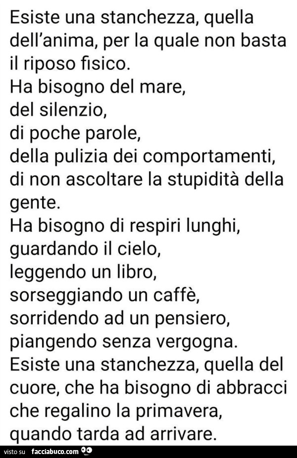 Esiste una stanchezza, quella dell'anima, per la quale non basta il riposo fisico. Ha bisogno del mare, del silenzio, di poche parole, della pulizia dei comportamenti, di non ascoltare la stupidità della gente