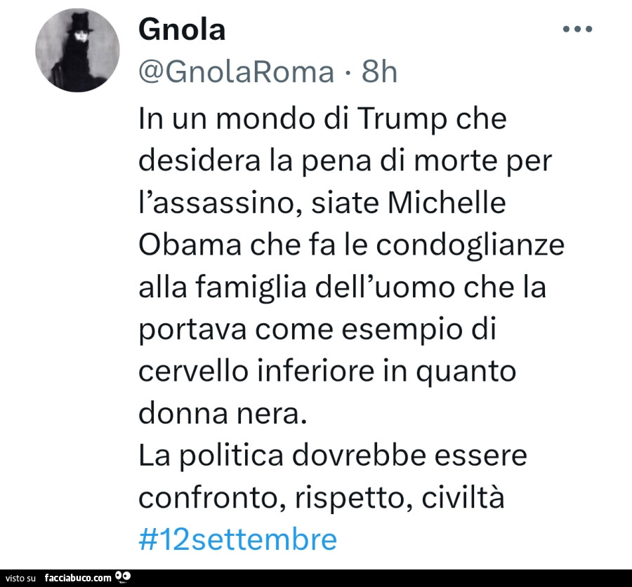 In un mondo di trump che desidera la pena di morte per l'assassino, siate michelle obama che fa le condoglianze alla famiglia dell'uomo che la portava come esempio di cervello inferiore in quanto donna nera