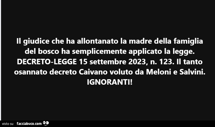 Il giudice che ha allontanato la madre della famiglia del bosco ha semplicemente applicato la legge. Decretolegge 15 settembre 2023, n. 123. Il tanto osannato decreto caivano voluto da meloni e salvini. Ignoranti