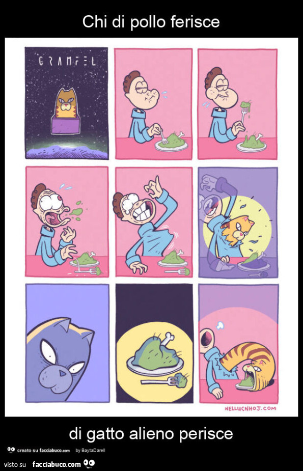 Chi di pollo ferisce di gatto alieno perisce. Ill. Courtesy Nellucnhoj