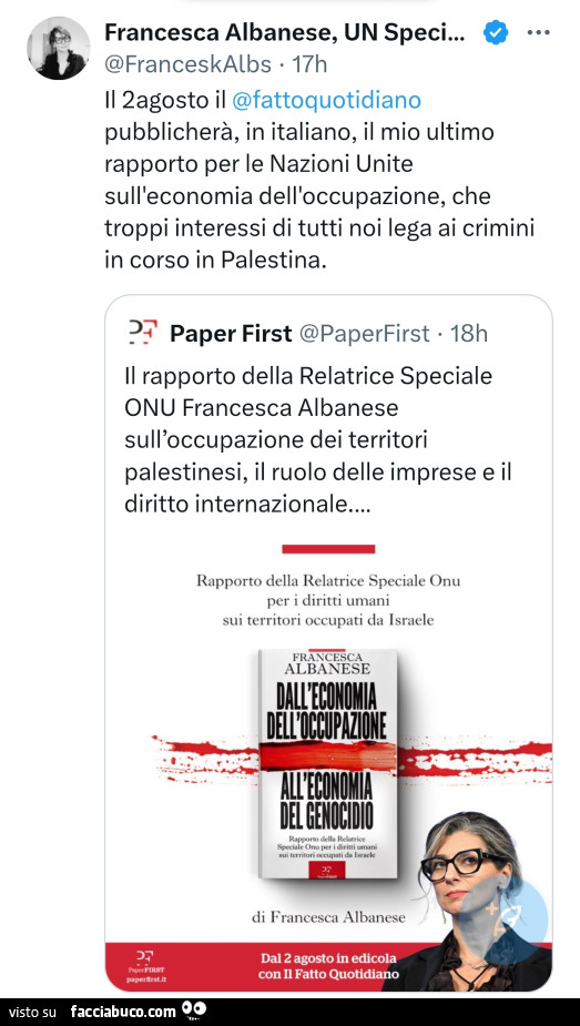 Il 2agosto il fatto quotidiano pubblicherà, in italiano, il mio ultimo rapporto per le nazioni unite sull'economia dell'occupazione, che troppi interessi di tutti noi lega ai crimini in corso in palestina
