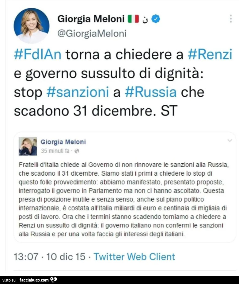 Fdian torna a chiedere a renzi e governo sussulto di dignità: stop sanzioni a russia che scadono 31 dicembre