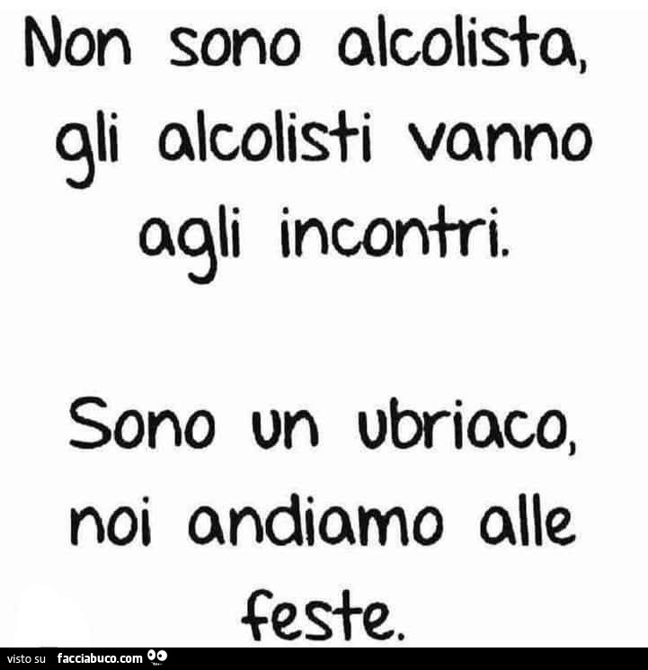 Non sono alcolista, gli alcolisti vanno agli incontri. Sono un ubriaco, noi andiamo alle feste