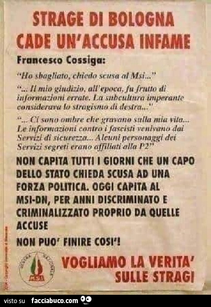Francesco Cossiga, MSI, Strage Bologna, Palestina