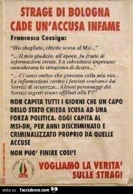 Francesco Cossiga, MSI, Strage Bologna, Palestina
