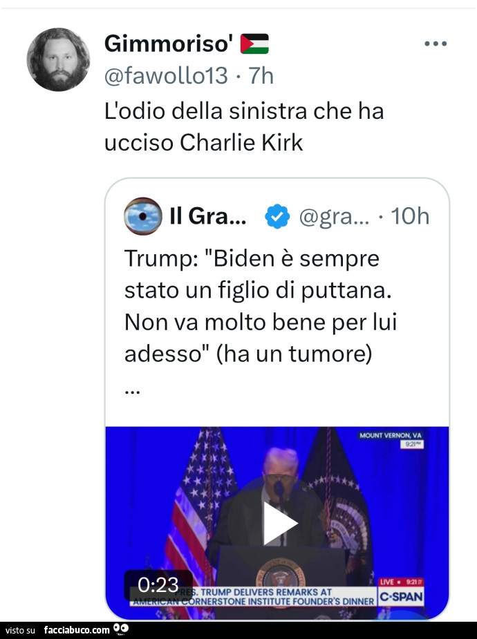L'odio della sinistra che ha ucciso charlie kirk. Trump: biden è sempre stato un figlio di puttana. Non va molto bene per lui adesso ha un tumore