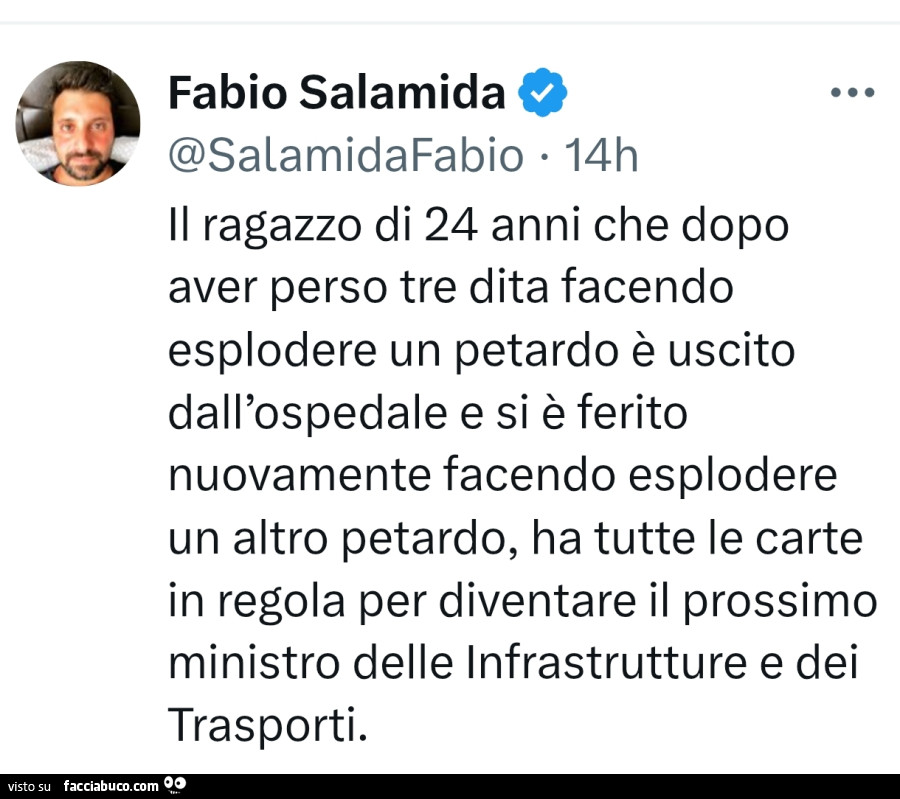 Il ragazzo di 24 anni che dopo aver perso tre dita facendo esplodere un petardo è uscito dall'ospedale e si è ferito nuovamente facendo esplodere un altro petardo, ha tutte le carte in regola per diventare il prossimo ministro delle infrastrutture e 