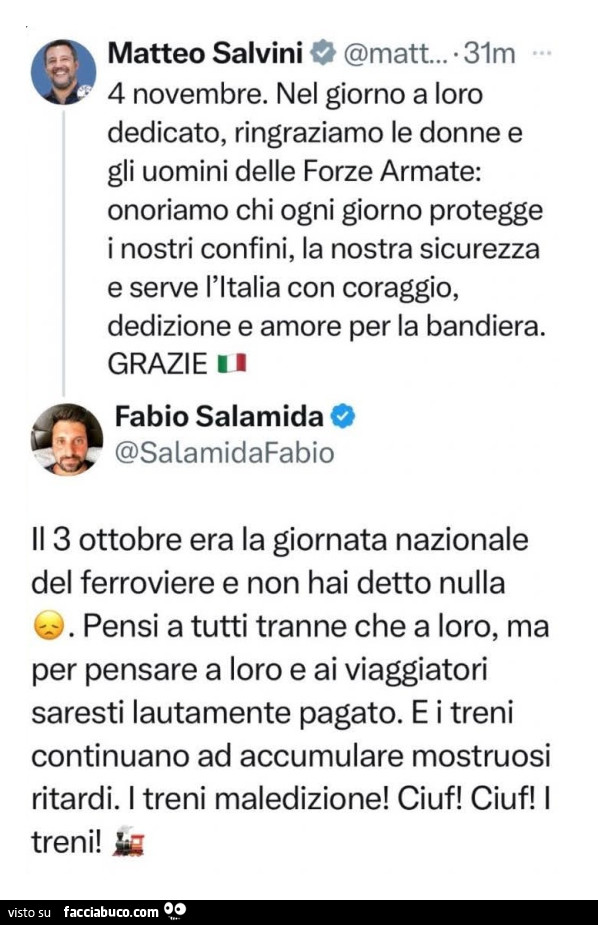 4 novembre. Nel giorno a loro dedicato, ringraziamo le donne e gli uomini delle forze armate: onoriamo chi ogni giorno protegge i nostri confini. Il 3 ottobre era la giornata nazionale del ferroviere e non hai detto nulla pensi a tutti tranne che a loro