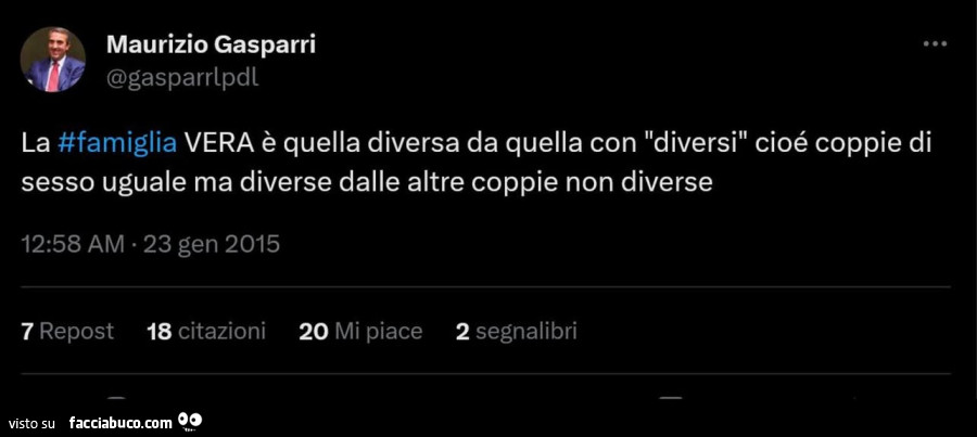 La famiglia vera è quella diversa da quella con diversi cioé coppie di sesso uguale ma diverse dalle altre coppie non diverse