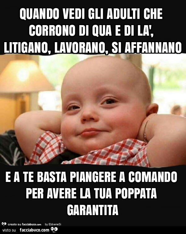 Quando vedi gli adulti che corrono di qua e di là, litigano, lavorano, si affannano e a te basta piangere a comando per avere la tua poppata garantita