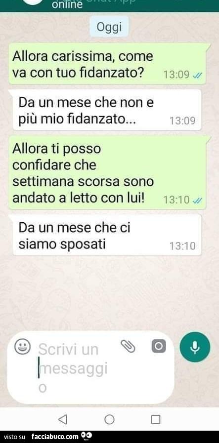 Allora carissima, come va con tuo fidanzato? Da un mese che non e più mio fidanzato