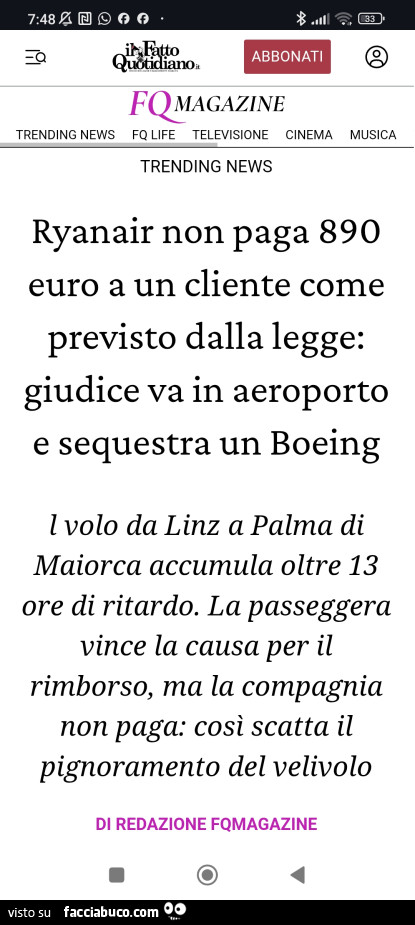 Ryanair non paga 890 euro a un cliente come previsto dalla legge: giudice va in aeroporto e sequestra un boeing
