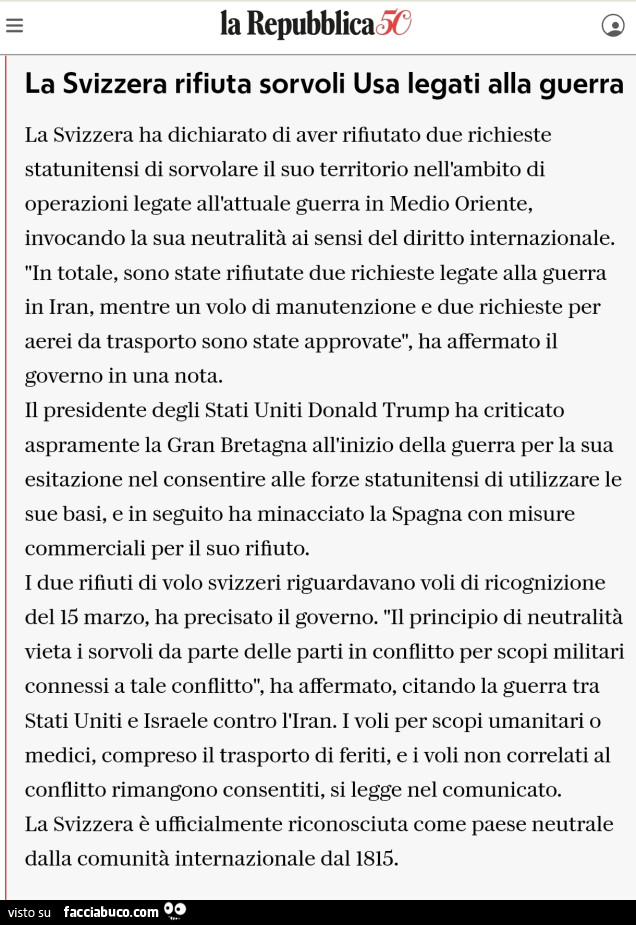 La svizzera rifiuta sorvoli usa legati alla guerra