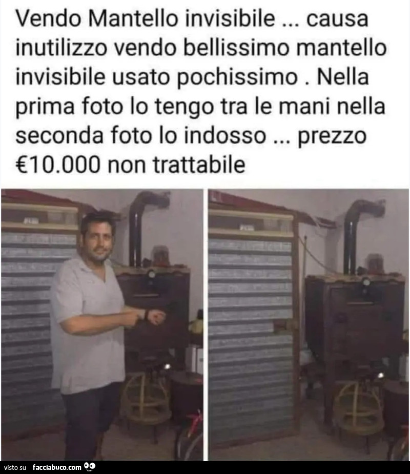 Vendo mantello invisibile causa inutilizzo vendo bellissimo mantello invisibile usato pochissimo nella prima foto lo tengo tra le mani nella seconda foto lo indosso prezzo 10.000 euro non trattabile