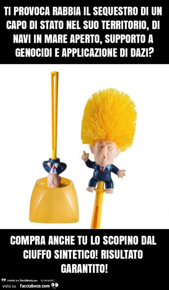 Ti provoca rabbia il sequestro di un capo di stato nel suo territorio, di navi in mare aperto, supporto a genocidi e applicazione di dazi? Compra anche tu lo scopino dal ciuffo sintetico! Risultato garantito