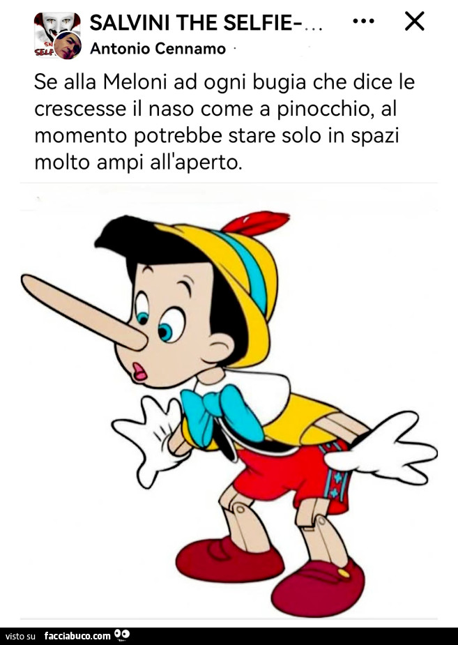 Se alla meloni ad ogni bugia che dice le crescesse il naso come a pinocchio, al momento potrebbe stare solo in spazi molto ampi all'aperto