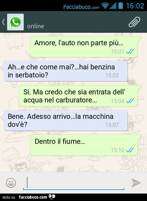 Amore, l'auto non parte piรน… . Ah… e che come mai? … Hai benzina in serbatoio? Si. Ma credo che sia entrata dell'acqua nel carburatore… . Bene. Adesso arrivo… la macchina dov'รจ? Dentro il fiume…