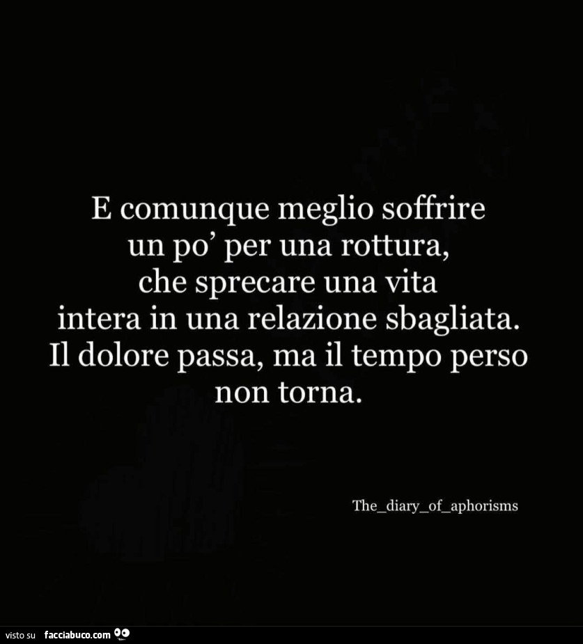 E comunque meglio soffrire un po' per una rottura, che sprecare una vita intera in una relazione sbagliata. Il dolore passa, ma il tempo perso non torna