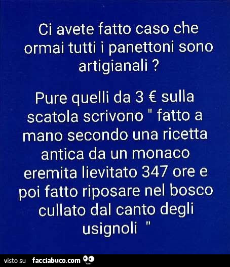 Ci avete fatto caso che ormai tutti i panettoni sono artigianali? Pure quelli da 3 € sulla scatola scrivono fatto a mano secondo una ricetta antica da un monaco eremita lievitato 347 ore e poi fatto riposare nel bosco cullato dal canto degli usignoli