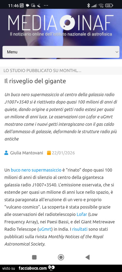 Il risveglio del gigant. E un buco nero supermassiccio al centro della galassia radio ji 007 3540 si è riattivato dopo quasi 100 milioni di anni di quiete
