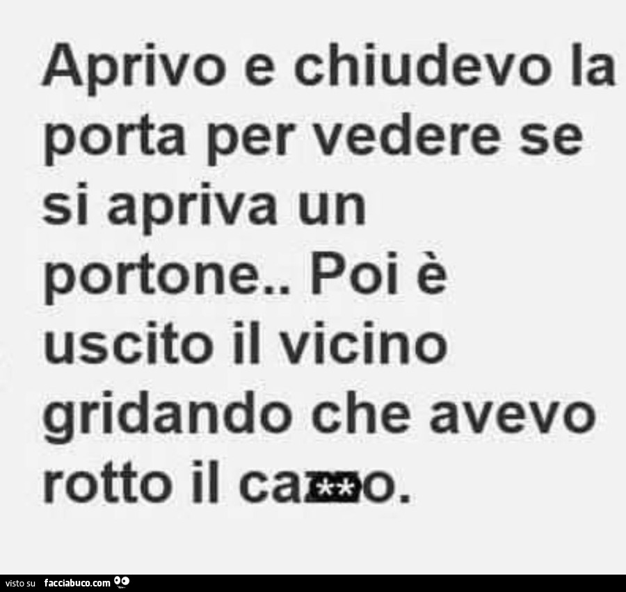 Aprivo e chiudevo la porta per vedere se si apriva un portone, Poi è uscito il vicino gridando che avevo rotto il cazzo