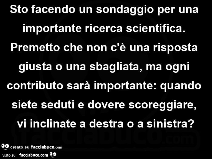 Sto facendo un sondaggio per una importante ricerca scientifica. Premetto che non c'è una risposta giusta o una sbagliata, ma ogni contributo sarà importante: quando siete seduti e dovere scoreggiare, vi inclinate a destra o a sinistra?