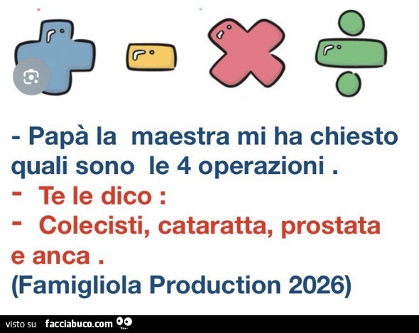 Papà la maestra mi ha chiesto quali sono le 4 operazioni. Te le dico: colecisti, cataratta, prostata e anca