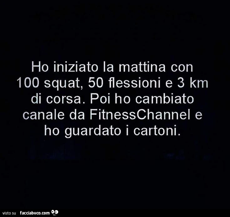 Ho iniziato la mattina con 100 squat, 50 flessioni e 3 km di corsa. Poi ho cambiato canale da fitnesschannel e ho guardato i cartoni