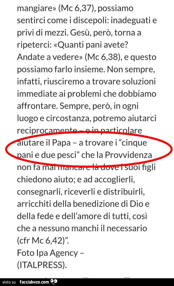 Aiutare il papa a trovare i cinque ani e due pesci