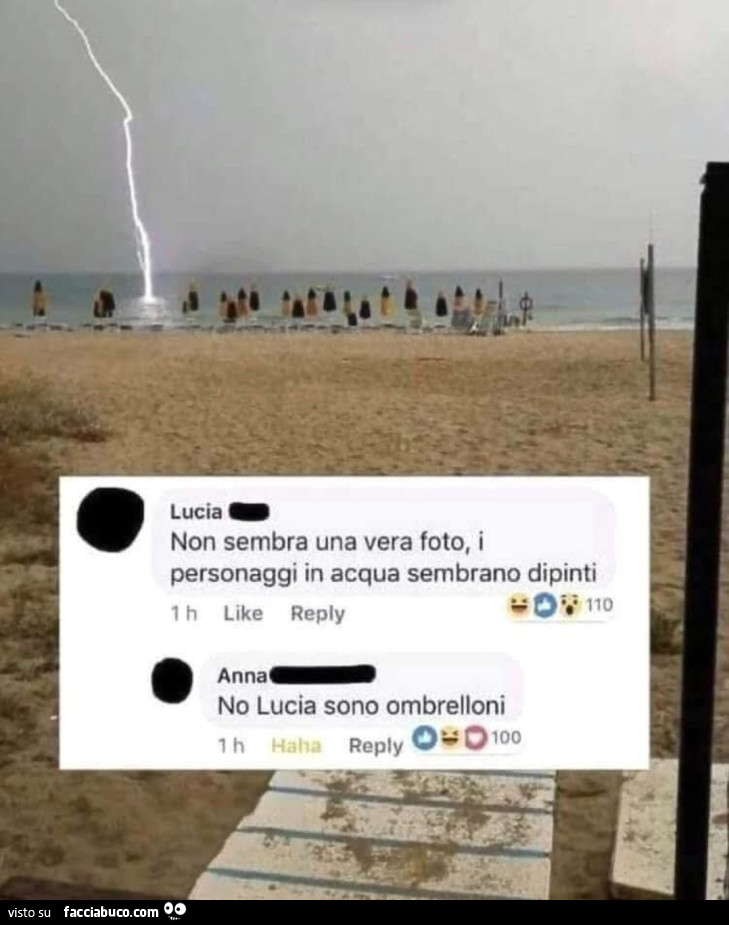 Non sembra una vera foto i personaggi in acqua sembrano dipinti no Lucia sono ombrelloni