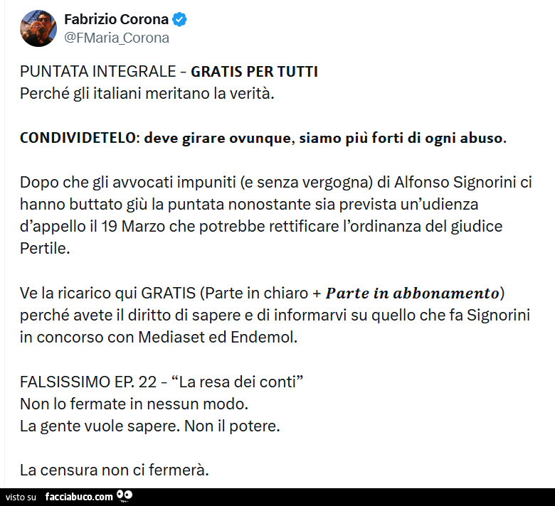 Corona puntata integrale gratis per tutti