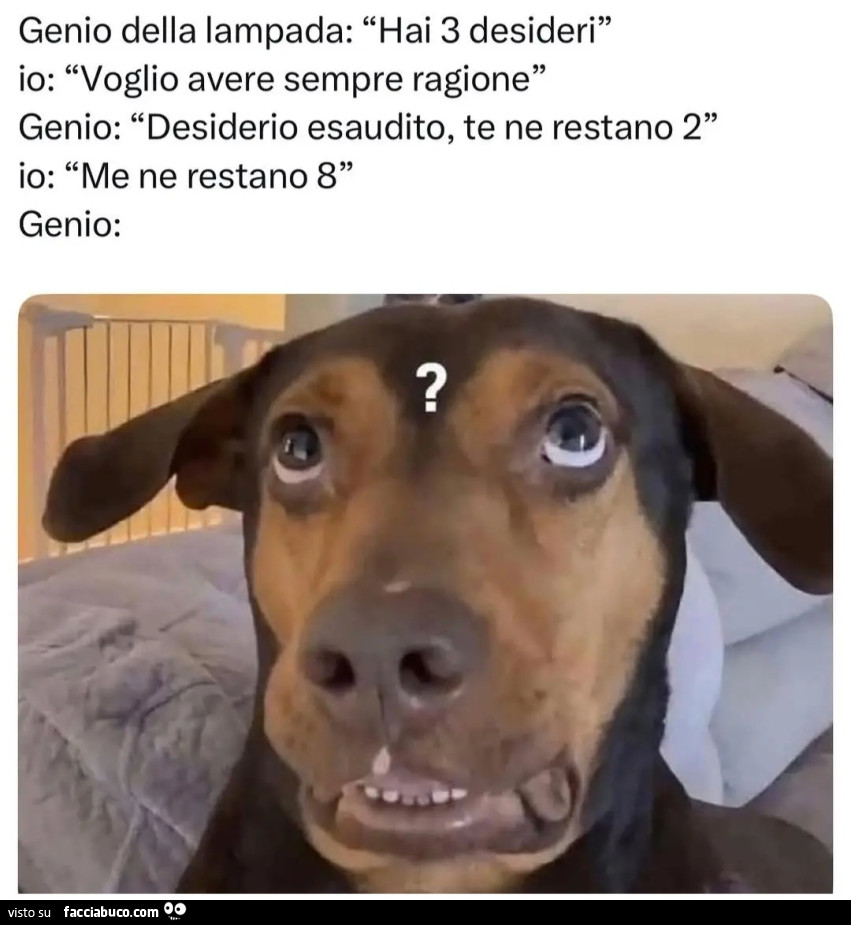 Genio della lampada hai 3 desideri io voglio avere sempre ragione genio desiderio esauditote ne restano 2 io me ne restano otto