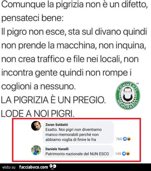 Comunque la pigrizia non è un difetto, pensateci bene: il pigro non esce, sta sul divano quindi non prende la macchina, non inquina, non crea traffico e file nei locali, non incontra gente quindi non rompe i coglioni a nessuno