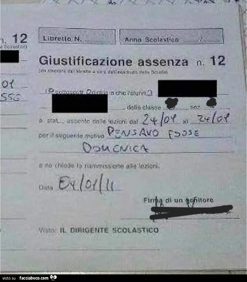 Giustificazione assenza pensavo fosse domenica