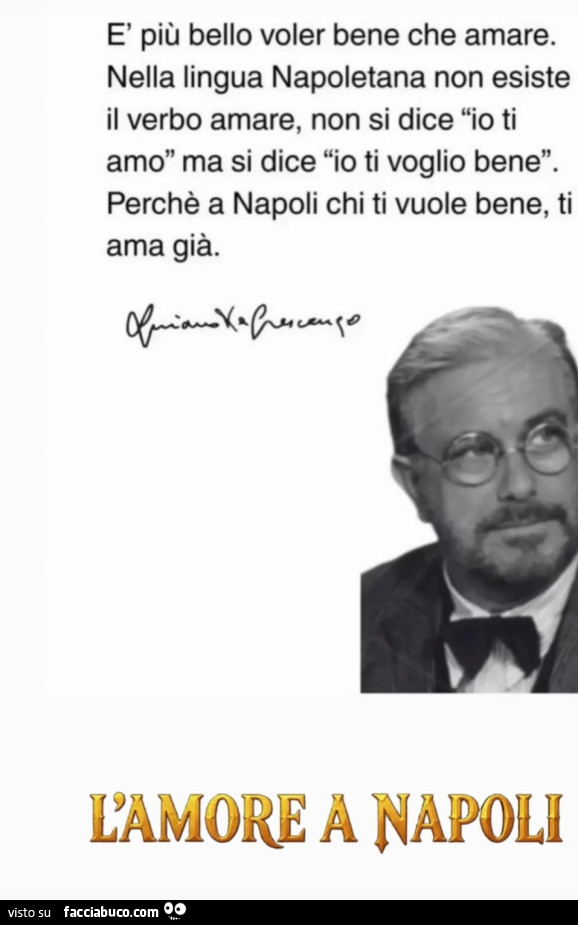 È più bello voler bene che amare. Nella lingua napoletana non esiste il verbo amare, non si dice io ti amo ma si dice io ti voglio bene. Perchè a napoli chi ti vuole bene, ti ama già