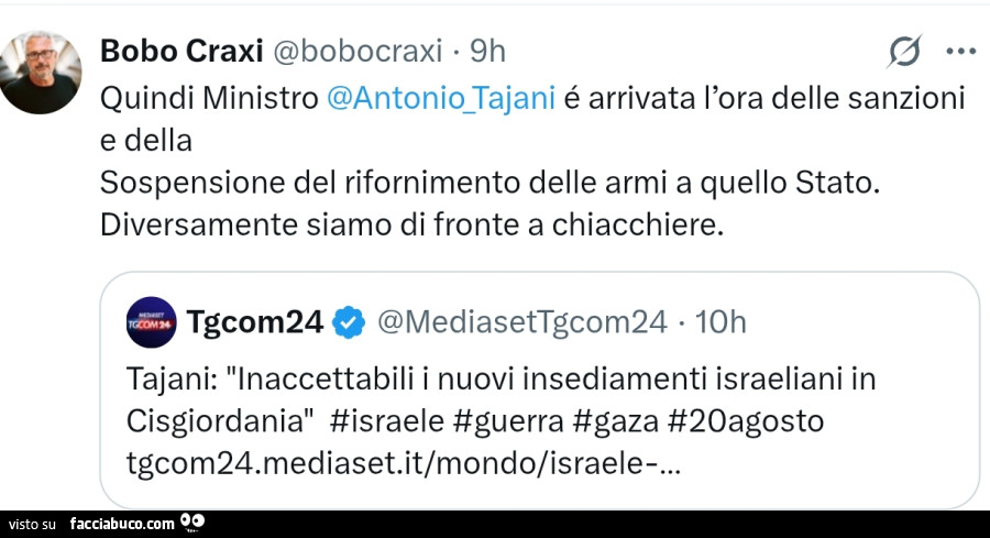 Quindi Ministro Antonio Tajani é arrivata l'ora delle sanzioni e della sospensione del rifornimento delle armi a quello stato