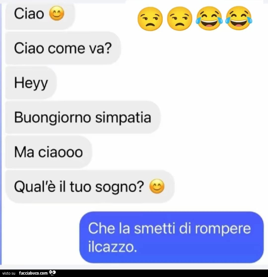 Ciao. Ciao come va? Heyy buongiorno simpatia ma ciaooo qual'è il tuo sogno? Che la smetti di rompere ilcazzo
