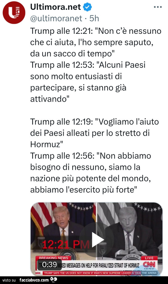 Trump alle 12: 21: non c'è nessuno che ci aiuta, l'ho sempre saputo, da un sacco di tempo
