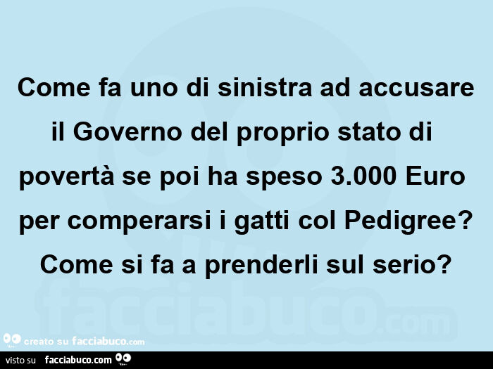 Come fa uno di sinistra ad accusare il governo del proprio stato di povertà se poi ha speso 3.000 euro per comperarsi i gatti col pedigree? Come si fa a prenderli sul serio?